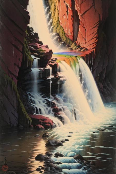 ((best quality)), ((masterpiece)), ((ultra realistic)), ((night)), award winning soft oil painting trending on artstation of a cascading rainbow waterfall,  <lora:jcjp:1>