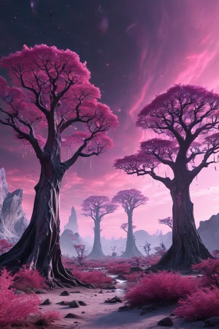 A serene, alien landscape, where towering, crystalline formations rise up from the ground like massive, twisted trees. The sky is a swirling mixture of pink and purple, and strange, glowing creatures can be seen flitting between the crystal formations. 8K