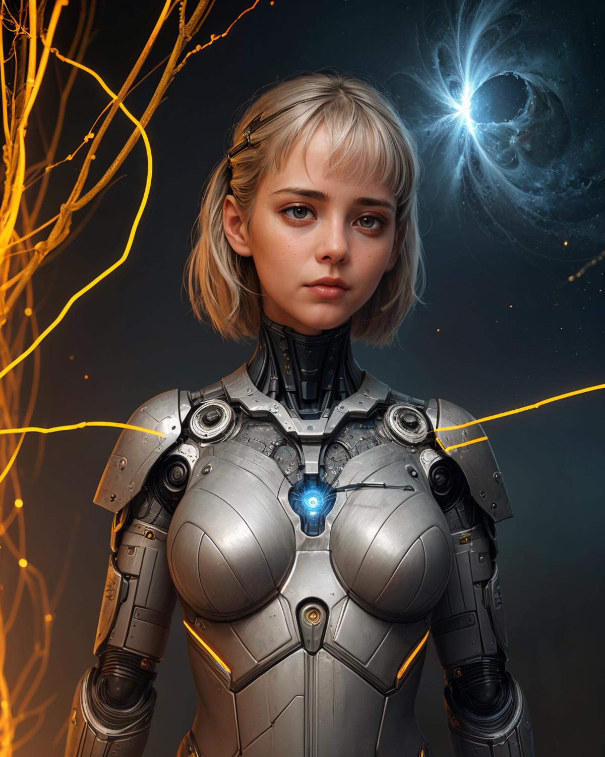 Digital art of a woman with a silver chest plate and yellow lights in the background.