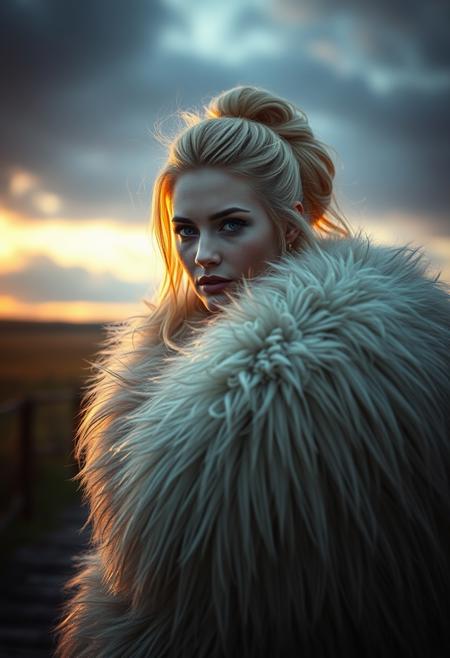 glamour shot,(dark mood masterpiece Photography by Mario Giacomelli:1.2),high quality, 8K Ultra HD, beautiful Eskimo women warrior wearing thick fur over her entire body, fur coat, blonde hair, extremely elaborate hair updo, fur, beautiful, full depth of field and realistic textures, colorful, atmospheric haze, Film grain, cinematic film still, highly detailed, high budget, cinemascope, moody, epic, OverallDetail, gorgeous, 2000s vintage RAW photo, photorealistic, candid camera, color graded cinematic, eye catchlights, atmospheric lighting, imperfections, natural, shallow dof. detailed background,( Calm spring night landscape), amongst lush greenery, beautiful view, lily flower in full bloom, lily flower, early morning, sunrise sky, beautiful clouds, dappled sunlight, beautiful, Tranquil Lake, Walkway, petals dancing in the wind, depth of field, masterpiece, best quality, ultra-detailed, very aesthetic, illustration, perfect composition, intricate details, absurdres, moody lighting, wisps of light, no humans,