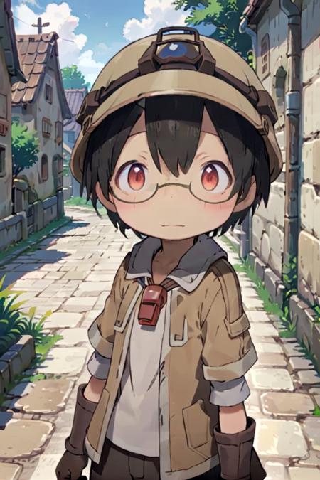 <lora:shiggysdxl-000030:0.6>
10 year boy named mia_shiggy standing in a beautiful village,
he is wearing a red whistle around his neck,
adorabel boy, cute face, details sky, handsome, young, juvenile,
he has black hair, and he has red gradiant eyes, brown helmet, gloves, hat, closed mouth, glasses, black gloves, helmet, glasses, brown jacket,
multiple details, eyeshadow, sfw,  faint smile
hyper-detailed,hyper-detailed face, draw it in the style of Made in Abyss
The soft lighting and detailed surroundings create an immersive environment where imagination runs wild
high quality visuals, dim Lighting, sharply focused, octane render, 8k UHD