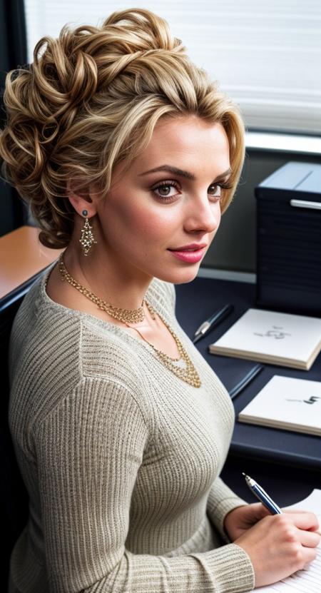 PA7_Photo, [Britney Spears:Alison Brie:0.7], detailed eyes, detailed lips, (8k, high quality, shot on Hasselblad X1D II Digital), hourglass figure, wearing a stylish outfit, fashionable outfit, earrings, necklace, Updo with curls hairstyle, (sitting behind a desk, signing autographs:1.3), nice hands, perfect hands, properly drawn fingers, <lora:add_detail:1>, <lora:ClothingAdjuster3:-0.6>, <lora:cleavage:-0.55>
