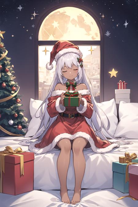 animal ears, blue eyes, hat, christmas tree, long hair, barefoot, santa hat, dark skin, christmas, dark-skinned female, window, sleeping, smile, pillow, white hair, looking at viewer, gift, fur trim, very long hair, moon, closed eyes, 2girls, indoors, multiple girls, sitting, curtains, transparent background, 1girl, hair ornament, christmas ornaments, christmas stocking, solo, bare shoulders, gift box, sparkle, closed mouth, box, bangs, star \(symbol\), full body, full moon