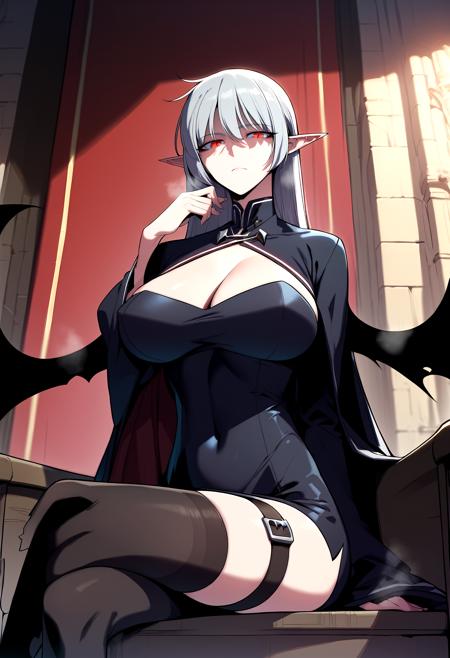 long hair, red eyes, grey hair, white hair, pointy ears bat wings cape, cleavage cutout, black dress, short dress, cleavage, covered navel, wide sleeves, long sleeves, black thighhighs, thigh strap black ribbon, neck ribbon, white shirt, long sleeves, black dress, belt