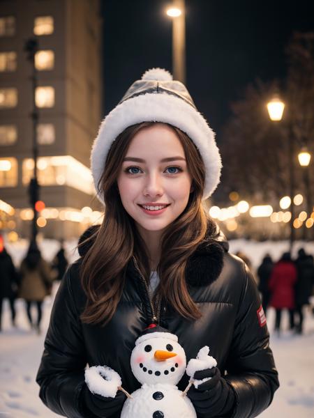 analog photo, award winning portrait of 20yo blonde american girl, beautiful, big smile, blue eyes, red cheeks, pale skin, hugging and kissing a snowman, blush on cheeks, winter, snow in the street, winter coat and hat, dark blonde hair, outside, central park at night, (high detailed skin:1.2),8k uhd,dslr,soft lighting,high quality,film grain, 35mm, symmetric view, christmas lights on street, ice skate, dark sky, (masterpiece:1.2), (intricate details:1.2), cinematic lighting, realism, realistic, RAW photo, 4k, highres, extremely intricate, photorealistic, selective focus, best quality, photo, real, extremely detailed, amazing, fine detail, rich colors, hyperrealistic lifelike texture, dramatic lighting, unrealengine, trending on artstation, cinestill 800 tungsten, high quality, sharp focus,8k uhd, absurdres