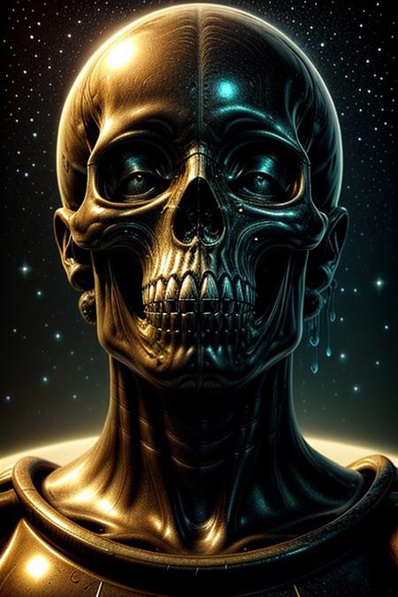 A close-up photorealistic image of a crystal-like floating skull facing dynamic view with its mouth open, pouring from it's mouth a shimmering liquid resembling the universe onto the ground, filled with rich stars and swirling galaxies. A simple void background enhances the dark atmosphere, shrouded in fog, capturing the hypnotic flow and shimmer of the cosmic liquid, form above,