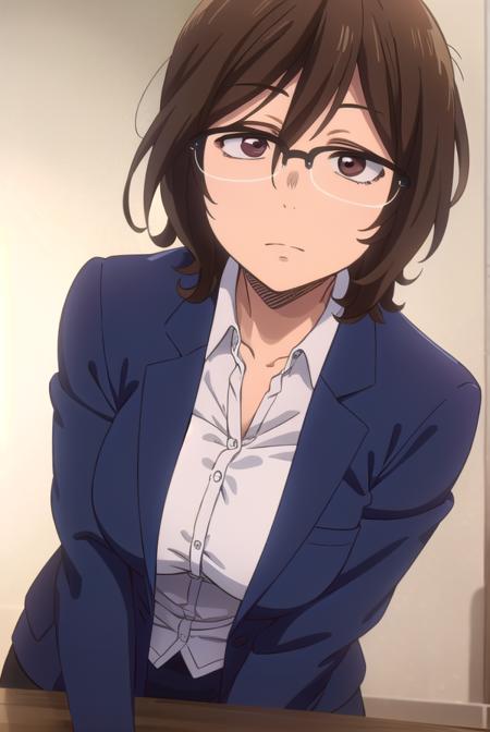 owarihajime, <lora:owari hajime s2-lora-nochekaiser:1>,
owari hajime, brown hair, (brown eyes:1.5), glasses, over-rim eyewear,
BREAK skirt, shirt, jacket, formal, suit, office lady,
BREAK indoors,
BREAK looking at viewer,
BREAK <lyco:GoodHands-beta2:1>, (masterpiece:1.2), best quality, high resolution, unity 8k wallpaper, (illustration:0.8), (beautiful detailed eyes:1.6), extremely detailed face, perfect lighting, extremely detailed CG, (perfect hands, perfect anatomy),