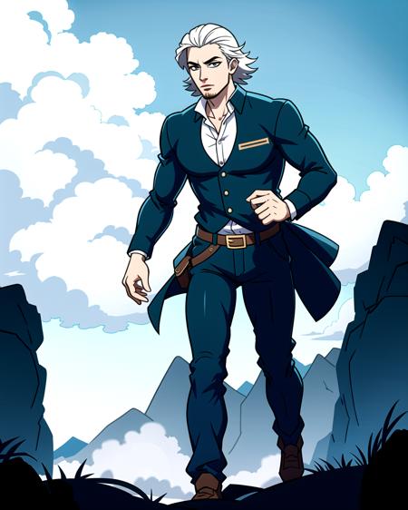 ((masterpiece), best quality, high quality, professional quality, highly detailed, highres, perfect lighting, natural lighting), (1boy, slender, handsome, no facial hair, short hair, white hair), wearing fantasy clothing, running, on a battlefield