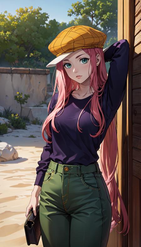 long hair pink hair green eyes yellow hat purple shirt green pants