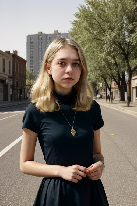 SnailMail, 1girl, ((dyed blonde hair, dark roots)), (slim, fit), Parisienne dress, feminine pose, well-lit wooden structure, abandoned Wild West ghost town, late afternoon, colorful red orange yellow light, very emotional camera angle, medium format camera, in the style of (Life Magazine)