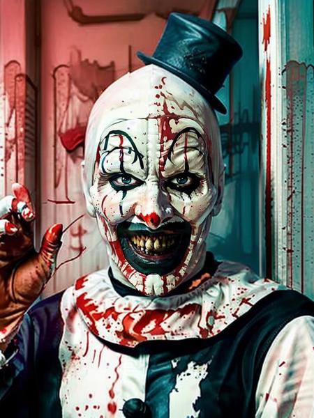 Art768 ,  a clown, full body, taking a selfie, peace sign, detailed eyes, photography, trending on artstation, sharp focus, studio photo, intricate details, highly detailed, by greg rutkowski  <lora:Art768:0.7>