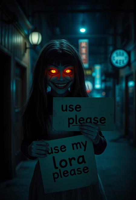 A girl from a horror movie stands in a dark place in a horror city with glowing eyes and a scary smile holding a sign that says "use my lora please"
