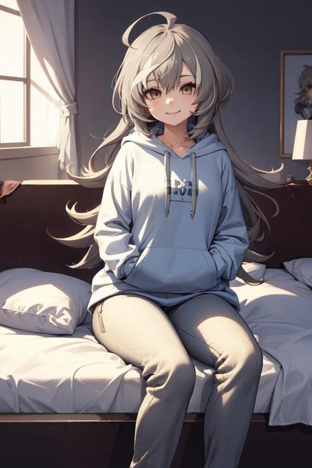 masterpiece, best quality, absurdres, perfect anatomy, 1girl, solo, SasakiRan, long hair, streaked hair, ahoge, hoodie, hands in pockets, smile, pants, sitting, on bed, lazy, casual, bedroom, pillows, cozy, messy room, <lora:SasakiRan:1>