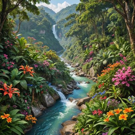 photo, realistic, jungle, river flows down the hill, flowers, extremely detailed, colorful, bright colors, 