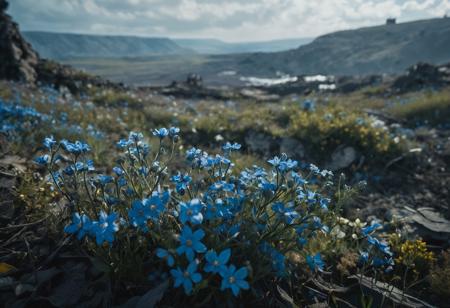 Small flowers in a big world. The wars are a memory, the blue, nature has taken power again, only ruins remain. cinematic lighting, high detail, highly detailed, perfect composition, concept art