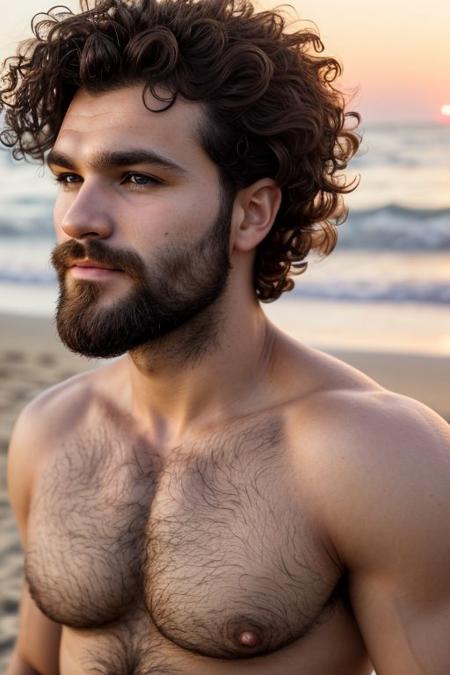 A close-up photo of a handsome hairy fit romanian man, on the beach, looking the viewer, sunrise, short curly hair