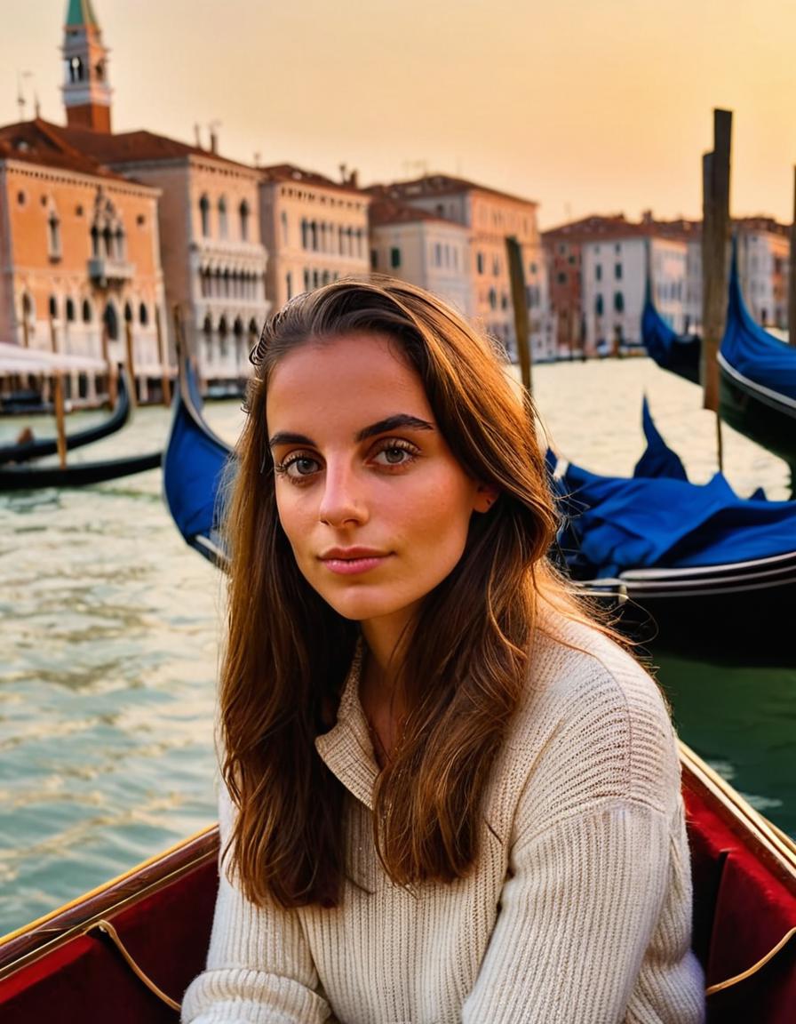 <lora:m1r4mur4t1_SDXL_SGX:0.9>,(medium closeup) photograph of (beautiful 25 year old) (m1r4mur4t1:1.2) woman with dark hair,as a tourist,with a serene expression, she sits in a gleaming mahogany gondola, gliding through the shimmering canals of Venice. Golden hour sunlight bathes the scene in a warm, honey-hued glow, casting long shadows and illuminating her features with a soft radiance. The gondola's ornate brass decorations glint in the fading light, mirrored in the calm waters below. Venetian architecture of St. Mark's Square rises majestically in the background, its weathered facades a testament to centuries past,face focus,(bokeh),facing viewer,rich details,clear shadows and highlights,realistic,highly detailed,