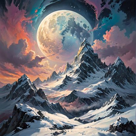Zentangle extreme effect, landscape with Variegated splashes of color,
big full moon, Light transparent clouds, The mountains of the top are covered with snow, 
fantastical surrealism by Daniel Merriam, Joe Fenton,
ral-cnvctncrnts  <lora:ral-cnvctncrnts-sdxl:.4>, 
painted world <lora:Painted World-SDXL-000006:.5>, 
fractalvines  <lora:Fractal_Vines:.70>  <lora:RMSDXL_Creative:.80> <lora:RMSDXL_Enhance:.60>