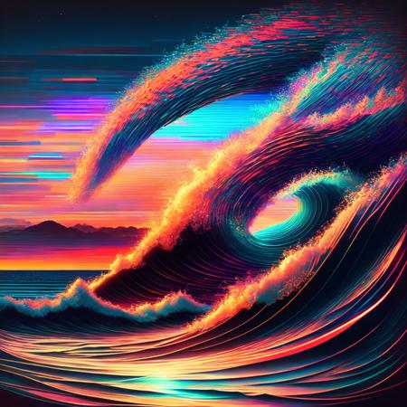 (glitchwave style:1) an image of a wave in the ocean at sunset <lora:djzGlitchWaveV21_LoraBooth:1>