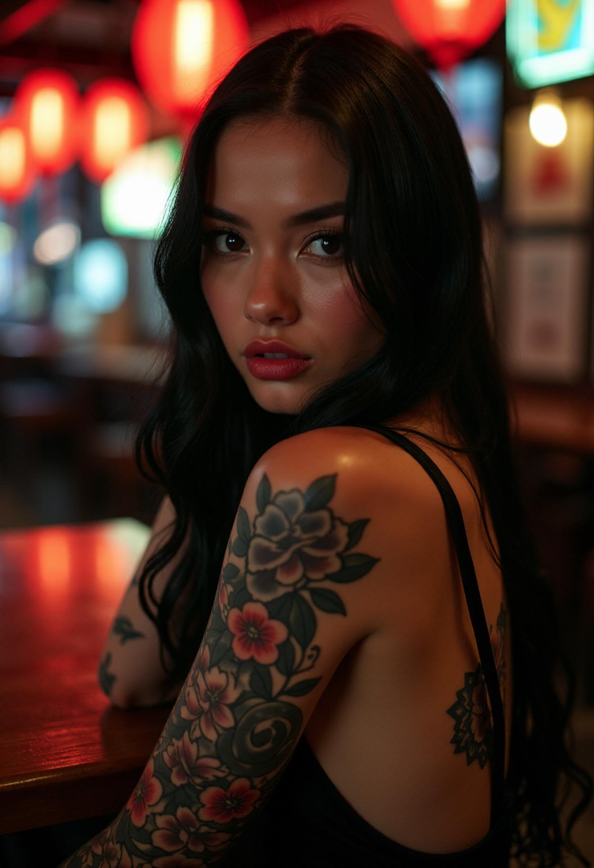 A strikingly alluring woman with sleek black hair adorned with intricate yakuza tattoos sits in a Japanese bar, her shiny skin glistening under the dim lights. She is depicted in a photograph, seen from the back while glancing coyly at the viewer, showcasing her beautiful eyes. The scene captures her in a captivating manner, emphasizing the contrast between her delicate features and the edgy tattoo art. The image exudes a seductive yet mysterious vibe, with attention to detail in the composition and lighting, making it a visually stunning piece of art.. Hyperrealistic style with high contrast and saturation, sharp focus