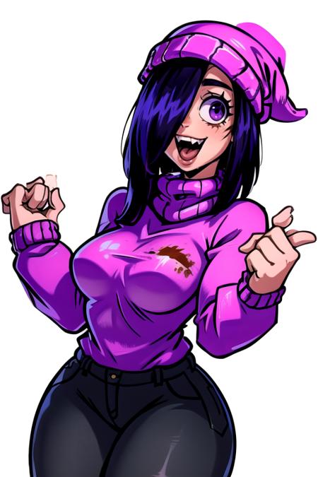 1girl, solo, breasts, smile, open mouth, simple background, hat, white background, purple eyes, purple hair, teeth, pants, hair over one eye, sweater, blood, turtleneck, thick thighs, black pants, denim, sharp teeth, jeans, blood on face, turtleneck sweater, beanie, pink headwear, pink sweater, purple sweater <lora:stephanie:0.8> full body