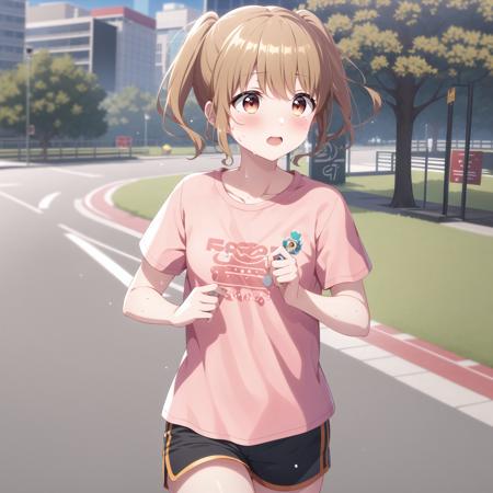 (high quality, best quality, masterpiece), 1girl, solo, kawasaki sakura, casual, t-shirt, shorts, <lyco:sakura-000008:0.75>, blush, sweat, tired, running, park, outdoors, tree, <lyco:GoodHands-beta2:0.75>, 4k, 8k, absurdres, detailed, absurdres, sharp