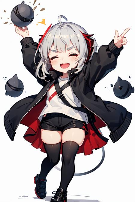 w arknights, closed eyes, grenade, full body, solo, shoes, >_<, thighhighs, thick eyebrows, facing viewer, black shorts, white shirt, chibi, ahoge, smile, jacket, grey hair, open jacket, horns, explosion, demon horns, explosive, open mouth, puffy long sleeves, shirt, standing, skirt, black jacket, long sleeves, :d, puffy sleeves, black skirt, arms up, open clothes, holding, xd, black thighhighs, shorts, blush, short eyebrows, 1girl, white background, bomb, black footwear
 <lora:w_arknights:1>