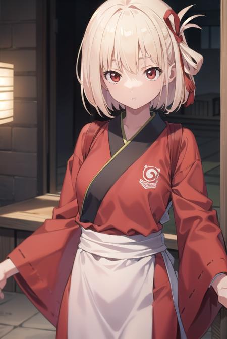 chisatonishikigi, <lora:chisatonishikigitest:1>, nishikigi chisato, short hair, bangs, blonde hair, (red eyes:1.5), hair ribbon, one side up, bob cut,
BREAK japanese clothes, kimono, apron, red ribbon, waitress, red kimono,
BREAK outdoors, track and field,
BREAK looking at viewer, BREAK <lora:GoodHands-vanilla:1>, (masterpiece:1.2), best quality, high resolution, unity 8k wallpaper, (illustration:0.8), (beautiful detailed eyes:1.6), extremely detailed face, perfect lighting, extremely detailed CG, (perfect hands, perfect anatomy),