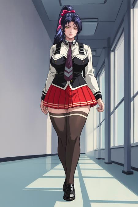 (high quality:1.2), intricate detailed, digital art,
KozonoNami, 1girl,  solo, walking, full body,
looking at viewer, smile,
yellow eyes, long hair, black hair, ponytail, hair bow,
(school uniform:1.2), white shirt, (vest, suspenders:1.2), miniskirt, red necktie, black thighhighs, shoes,
curvy, large breasts,
school, day, indoors,
<lora:KozonoNami:0.9>