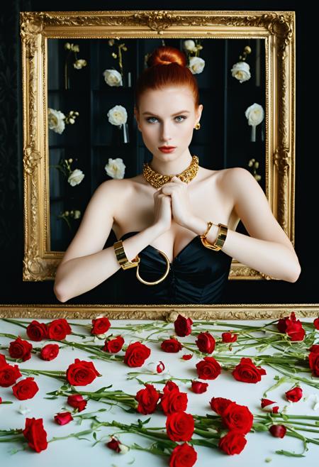 bdshcfft realistic solo 1girl cuffs, looking at viewer, handcuffs 24 year old, supermodel, very skinny, petite, huge breasts, Red bun, caucasian, gold eyes, fair skinned, best quality, RAW photo, subject, 8k uhd, high quality, photorealistic, swanky, fair-skinned female, fair skin, tycoon, wealthy, Stately, # Originally sourced from https://aiartcreation.fandom.com/wiki/Modifier_Taxonomy#Photography/Film, prosperous, Framing with objects (like flowers or hands) <lora:bdshcfXLrd:0.6>