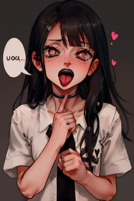 <lora:as109_512:1> as109, 1girl, tongue_out, oral,
1girl, red eyes, solo, black hair, long hair, shirt, heart, mole, piercing, white shirt, looking at viewer, tongue, mole under mouth, bangs, tongue out, open mouth, choker, upper body, ring, blush, jewelry, short sleeves, tongue piercing, ear piercing, symbol-shaped pupils, clothes writing, hands up, teeth, blurry background, heart-shaped pupils, holding, black choker, blurry, lip piercing, english text