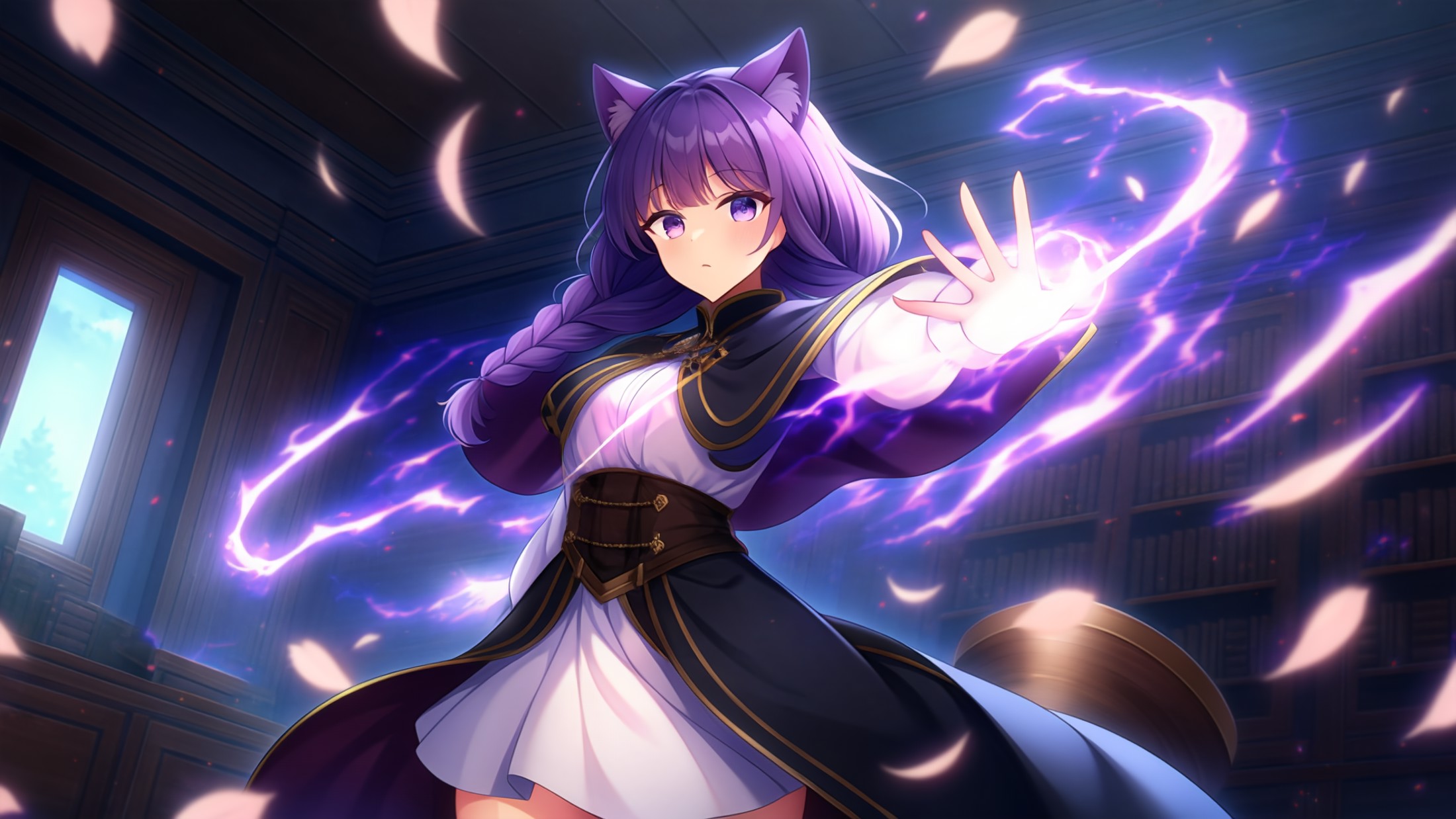 newest, extremely aesthetic, best quality, general, 1girl, solo, cat ears, low twin braids, purple eyes, purple hair, cape...