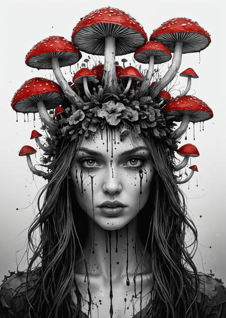 VibrantlySharp style,
animeniji,
3pic_vist4, An eldritch girl crowned in toadstools, her face half-submerged in ink, with clusters of toxic red mushrooms emerging like tumors, each stalk veined and pulsing, her expression solemn, eyes wide and ancient, lost in the fog of a fungal dream, dripping spores blurring the edges of her fading humanity.
  <lora:Mushroom_Portrait_Flux_v1:1> boshroomworld <lora:SketchStyle:1> Jedsk5tch, sketch, black and white  <lora:DarkAnimeArt_V1:1> dark line art