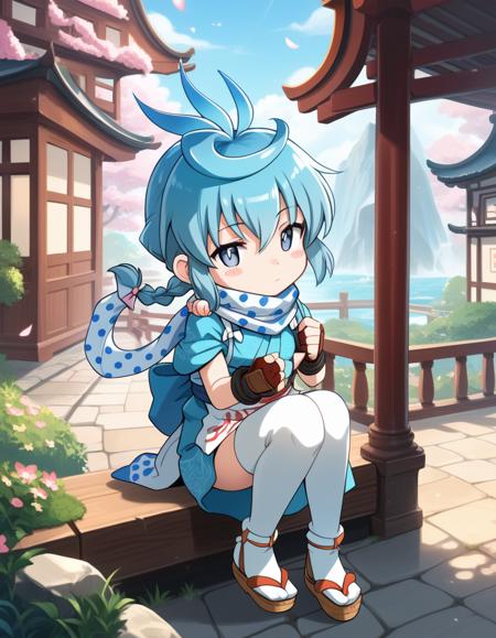 fubuki_j_kisaragi,  blue hair, blue eyes, single braid, antenna hair, chibi, scarf, japanese clothes, kimono, blush stickers, fingerless gloves, apron, zettai ryouiki, white thighhighs, sandals, 