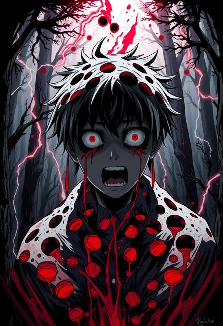 1boy, very scared expression, (full covered by a lot of holes, red water flowing from holes), black red and white colors background, sharp and bold borders and conturs, nightmare, anime, dark forest, schizophrenia, sharp lightning, sharp shadows