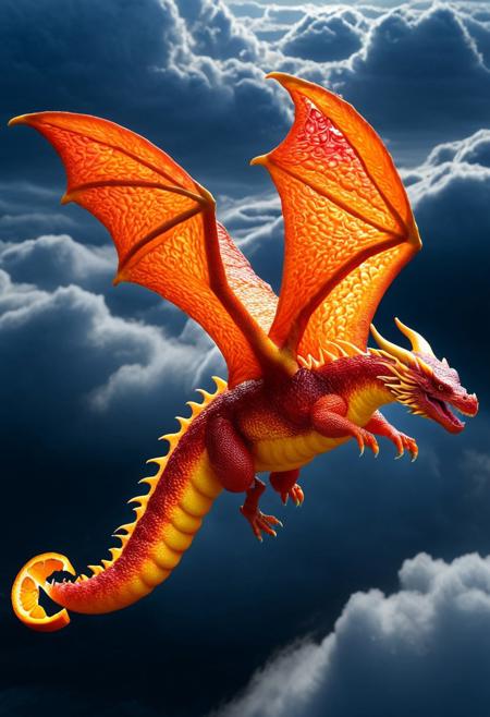 blood orange style,
made of blood orange, blood orange style, elaborate surreal fantasy art of a dragon made out of blood orange and orange. Flying in the sky, flying:1.4, wings spread wide, masterpiece, photorealistic, highly detailed,
flash, lightning, bolt
sea, night time, cloudy,