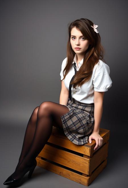 early 2010s snapshot photo captured with a phone and uploaded to facebook, a woman in her 20s with a pale complexion, wearing a white, short-sleeve blouse and a plaid silk skirt, reminiscent of a school uniform. She has long, brunette hair, styled in a voluminous, messy manner. Her hair is adorned with a small, pink bow on the left side. Her legs are adorned with black, lace-up thigh-high socks, and she is wearing shiny black elegant shoes. She is sitting on a wooden crate in a photo studio. The overall vibe of the image is candid with a voyeuristic element.