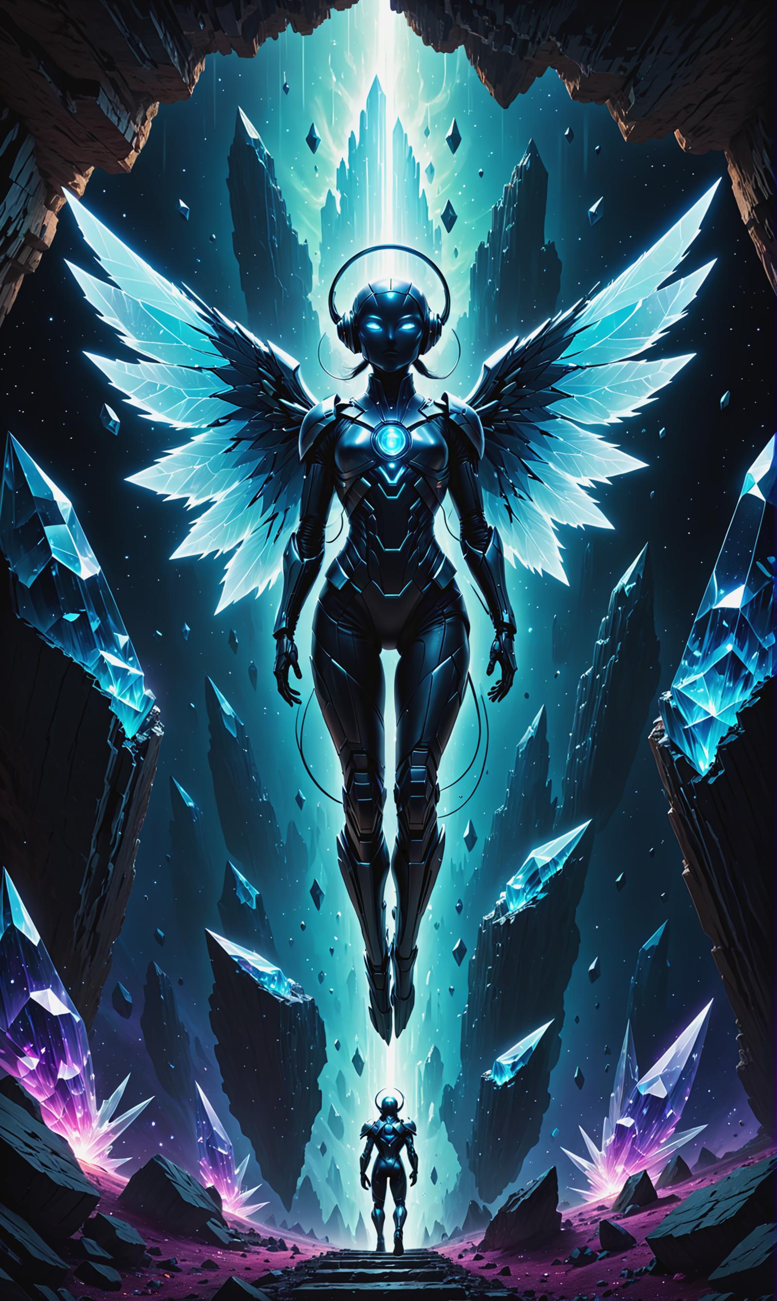Anime-inspired digital art of a woman with blue wings and a warrior outfit, flying in front of a crystal cave.
