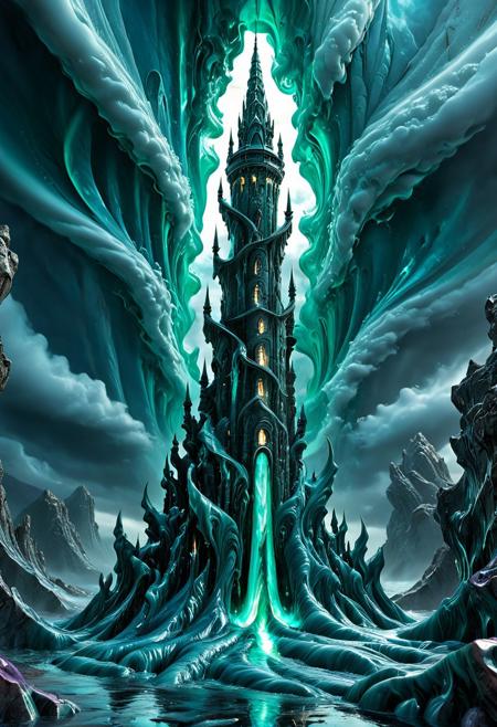 Concept: Sentinel Tower, Living Monument, Shifting Spire, Mystical Structure, Breathing Architecture, Ancient Watchtower.
Material: Liquid Marble, Fluid Stone, Ethereal Solid, Translucent Texture, Melted Marble, Shifting Form, Abstract Viscosity, Dynamic Surface, Palpable Liquid, Gel-like Structure, Glowing Marble, Iridescent Flow, Sculpted Liquid, Vaporous Stone, Morphing Material.
Architecture Details: tall tower, spire, fortress, castle, ancient, futuristic, elegant, spiral, glowing walls, flowing patterns, smooth surface, polished, translucent sections, internal light, weeping walls (liquid effect).
Effects: subtle motion, slow morphing, internal glow, light refractions, swirling patterns, ethereal aura, warped reflections, dynamic light play, shimmering, pulsating, liquid flow on exterior.
Colors/Hues: deep aquamarine, sapphire blue, emerald green, smoky grey, white, silver, pearlescent, with internal light in gold, magenta, or cyan.
Background: rocky island, stormy sea, misty mountains, alien landscape, cosmic sky, dramatic lighting.
Style: conceptual art, fantasy architecture, sci-fi architecture, highly detailed, atmospheric, surreal, majestic, enigmatic, captivating, inscrutable, aidmamj6.1.