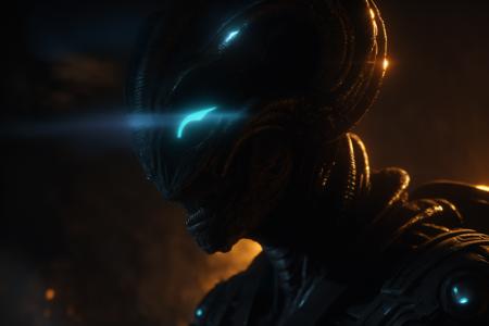 alien character, cinematic lighting, intricate details, octane rendering, dramatic smoke dark background, ring light, alex ross style art, trending on artstation featured on behance, unreal engine, 8k, 4k, (highres:1.1), best quality;