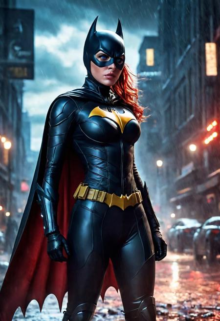 High resolution ultra-realistic of beautiful realistic Batgirl fighting against alien invasion, cinematic style, standing on a bloody and stormy battlefield in a fighting pose, bloody massacre, realistic modern combat costume, black mask, red cape, perfect athletic figure, wavy red hair, handsome dirty bloody face, beautiful perfect detailed pupils, wet oily shiny skin, covered in dirt and blood, beautiful firm Breasts, defiant and seductive, sexy 20 year old girl, 8k resolution concept art portrait by Greg Rutkowski, Dark Gotham City, realistic blue eyes, full body, Artgerm, WLOP, Alphonse Mucha, dynamic lighting, hyperdetailed, intricately detailed, Splash art trending on Artstation triadic colors, Unreal Engine, 5 volumetric lighting, Cinematic Lighting, intricate, smooth, sharp focus digital painting, Asymmetrical Balance, painting, dynamic lighting