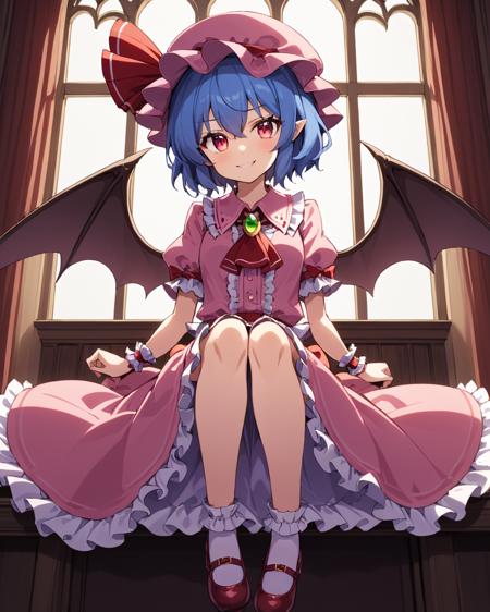 remilia scarlet,1girl, solo, bat_wings, sitting, looking_at_viewer, fangs, wrist_cuffs, mary_janes, mob_cap, brooch, window, skirt_set, hat_ribbon, socks, frills, wine_glass, smile, shirt, pink_dress, puffy_short_sleeves, blood
<lora:remilia_scarlet_image7486_2023-12-11:1>,star-shaped_pupils,symbol-shaped_pupils,. gorgeous,key visual, vibrant, studio anime,award-winning, professional, highly detailed,high budget, cinemascope