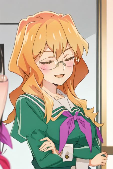 best quality, masterpiece, highres, solo, {chibana_sumika_watashinoyuriwaoshigotodesu:1.15}, long_hair, blonde_hair, glasses, green_eyes, smile, 1girl, closed_eyes, school_uniform, blush, open_mouth