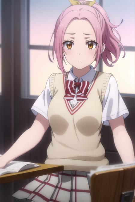 mariasarushima, <lora:maria sarushima s1-lora-nochekaiser:1>,
maria sarushima, short hair, (brown eyes:1.3), pink hair, ponytail, ribbon, hair ribbon,
BREAK skirt, shirt, bow, school uniform, white shirt, short sleeves, pleated skirt, striped, bowtie, red bow, grey skirt, sweater vest, striped bow, striped bowtie,
BREAK indoors, classroom,
BREAK looking at viewer,
BREAK <lyco:GoodHands-beta2:1>, (masterpiece:1.2), best quality, high resolution, unity 8k wallpaper, (illustration:0.8), (beautiful detailed eyes:1.6), extremely detailed face, perfect lighting, extremely detailed CG, (perfect hands, perfect anatomy),