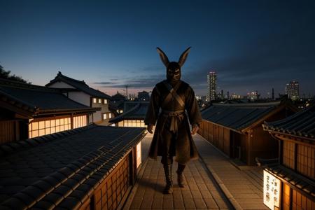 RAW photo,best quality ,masterpiece, a  wererabbit wearing a black ninja outfit,  Rabbit, exquisitely detailed fur, wearing a black mask, extremely detailed eyes,
<lora:7_wereanimal_1v5_768_0001BD5e_NR128NA128off-000002:0.8>, sneaking through a medieval Japanese city to another rooftop, at night