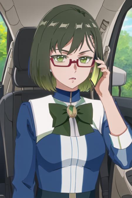 best quality, masterpiece, highres, solo, {shinjo_amane_birdiewinggolfgirlsstory:1.15}, glasses, short_hair, semi-rimless_eyewear, green_hair, green_eyes, under-rim_eyewear, red-framed_eyewear, 1girl, bow, green_bow, car_interior, looking_at_viewer, car