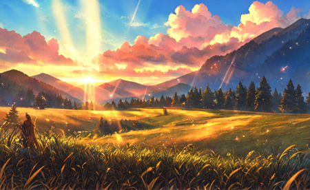 masterpiece, best quality, sakimori, <lora:sakimori:0.75>, outdoors, sparkle background, sparkle, 1990s \(style\), close-up, floating hair, sunset, grass, mountain, mountainous horizon, sunlight, light rays, 8k