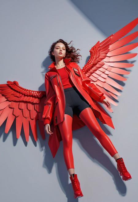 biomechanical girl, fashion jacket, wings, lies, overhead shot, full body, dynamic poses, painting, low poly, minimalism, less details, red colour palette,