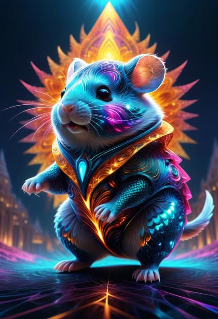 A grandiose arena in a sprawling fractal fantasy metropolis, where a super cute hamster, clad in gleaming, geometrically-patterned armor, engages in an electrifying battle. The hamster’s armor is intricately detailed, with glowing fractal designs and arcs of neon lightning coursing through its diminutive hammer. Its whiskers twitch in fierce concentration, its eyes glowing with fractal energy, radiating both regality and formidable power.
The arena is alive with fractalized spectators, their forms blending into a sea of glowing, geometric shapes and vibrant colors. Banners flutter in the breeze, adorned with fractal emblems of mythical beasts and legendary heroes. The sky above is a mesmerizing blend of clear blue and swirling fractal clouds, the sun casting a radiant glow on the polished, fractal-patterned stone grounds.
Around the edges, otherworldly flora thrives, their leaves and petals glowing with fractal magic, contrasting with the crowd’s electric energy. The air crackles with arcs of neon lightning, and the atmosphere is filled with booming shouts of excitement and awe. The scene captures the thrill and valor of battle in a surreal, fantastical setting, where even the smallest hero wields mighty powers, inspiring courage amidst roars of admiration and skies alive with electric, fractal energy.