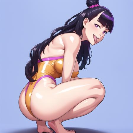 best quality 1girl, solo, ass, long hair, tongue out, tongue, barefoot, han juri, toes, leotard, sidelocks, soles, purple eyes, feet, breasts, :p, looking at viewer,  thong leotard, thighs, purple hair, :p, black hair, cone hair bun, thong, smile, thick thighs, wedgie, underwear, from side, panties  (squat:1.3) <lora:TekuhoUlt_v1:0.8>